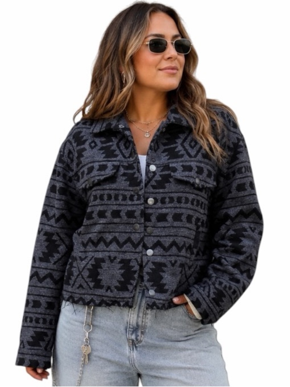 Wallflower Large Black & Gray Southwestern Print Wool Blend Cropped Jacket